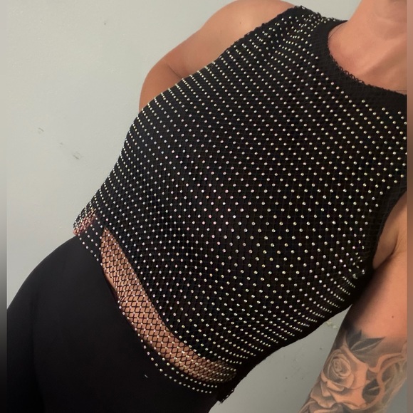 Rachel Zoe Black Rhinestone Mesh Top | XS Fits S–M | Modeled on Size M - Picture 5 of 10